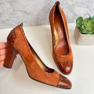 Adrienne Vittadini brown Italian leather suede gold studded heels